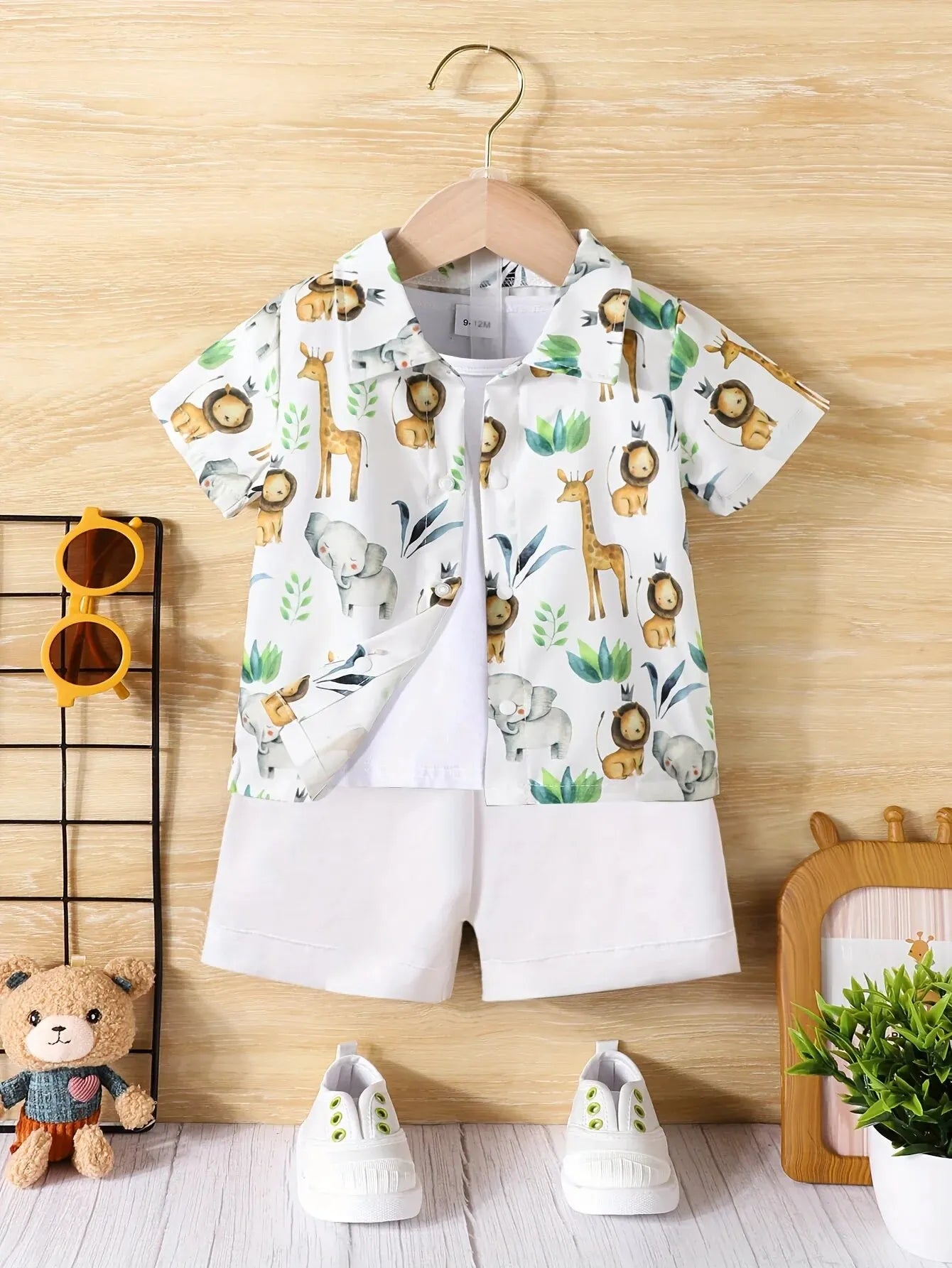 Baby Boy Casual Small Animal Print Short Sleeve Shorts Holiday Travel Shirt Set
