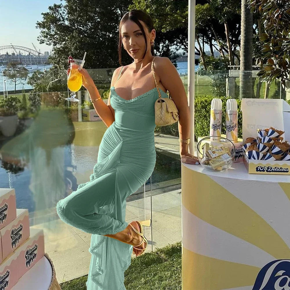 Irregular Ruffle Elegant Mesh Dress Yellow Long Dresses for Women
