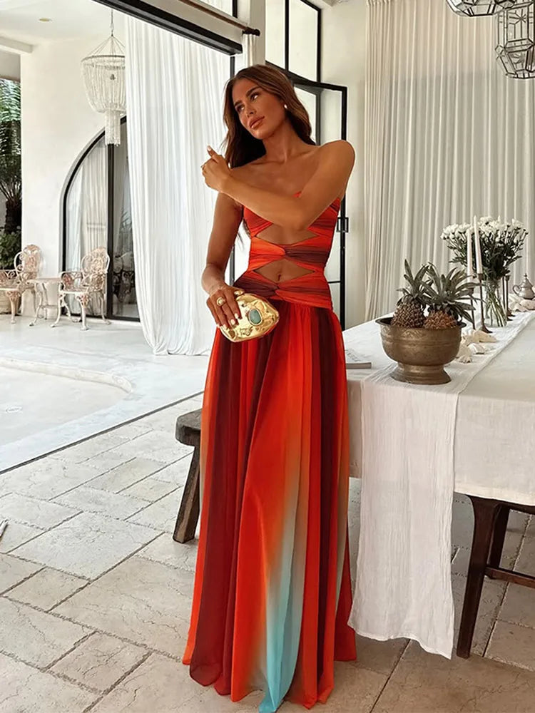 Tropical Muse Hollow-Out Pleated Maxi Dress