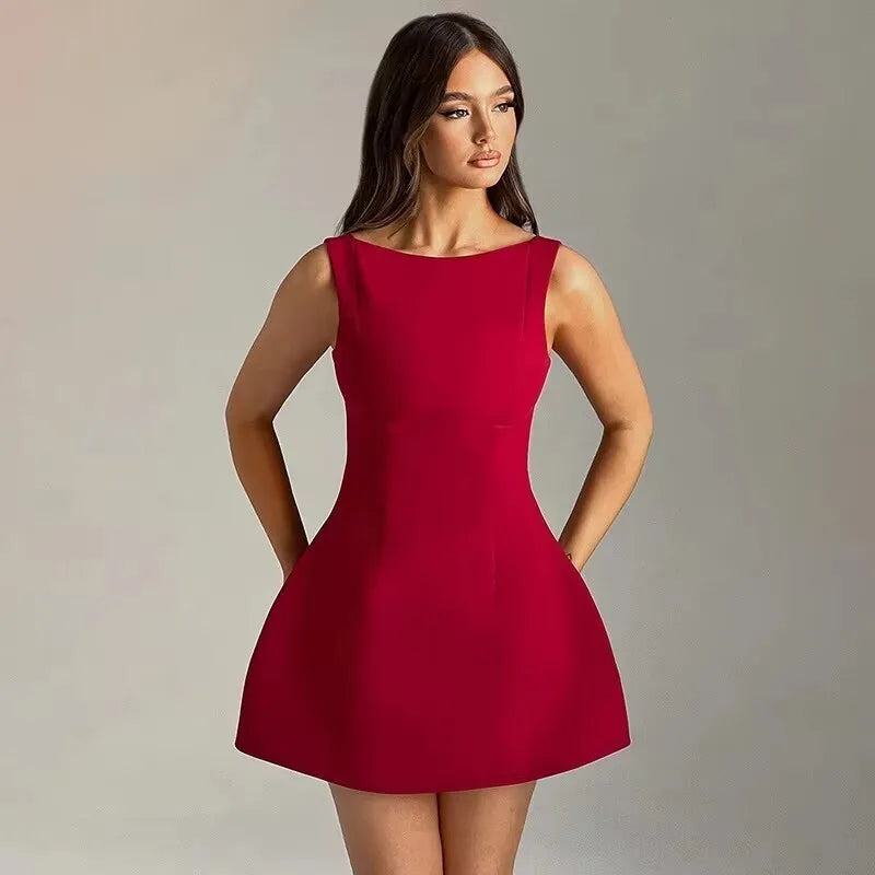 Pleated Dress Women Halter Mini Dress V Neck Backless Dress