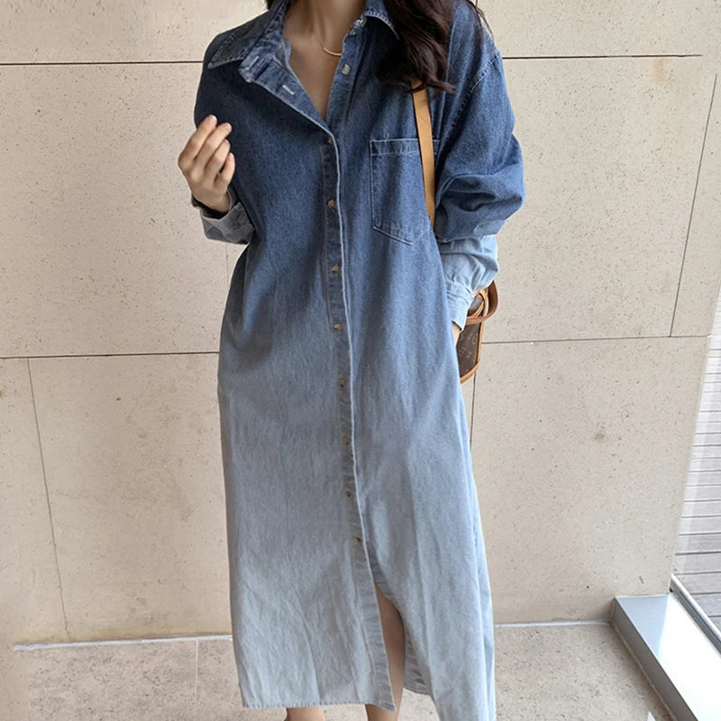 Chic Gradient Ombre Design Loose Long Sleeve Denim Dress