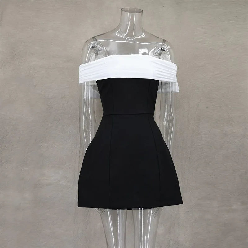 Elegant Bow Patchwork Lady Robes Slash Neck Backless A-line Mini Dresses Female