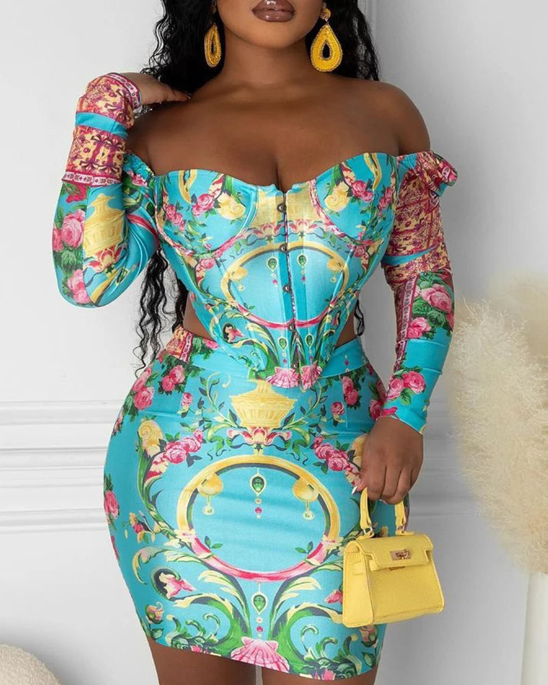Women's Casual Cold Shoulder Long Sleeve Skirt Set Asymmetrical Mini Sexy Bodycon All over Print Outfit for Various Occasions