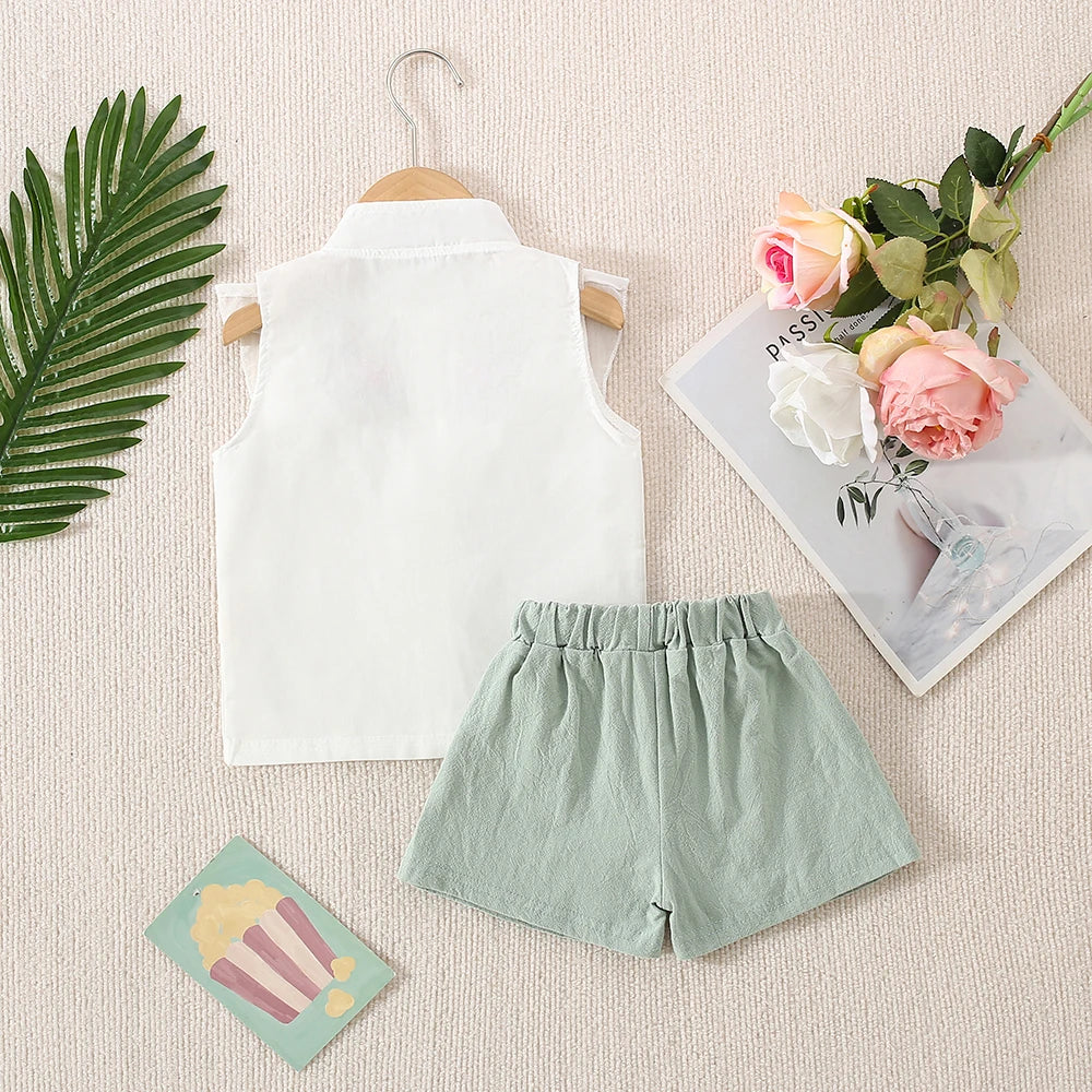 Baby Girl Cotton Flower Embroidery Sleeveless Top And Shorts Two-Piece Set Of Cute Girl Shirt Top And Sho