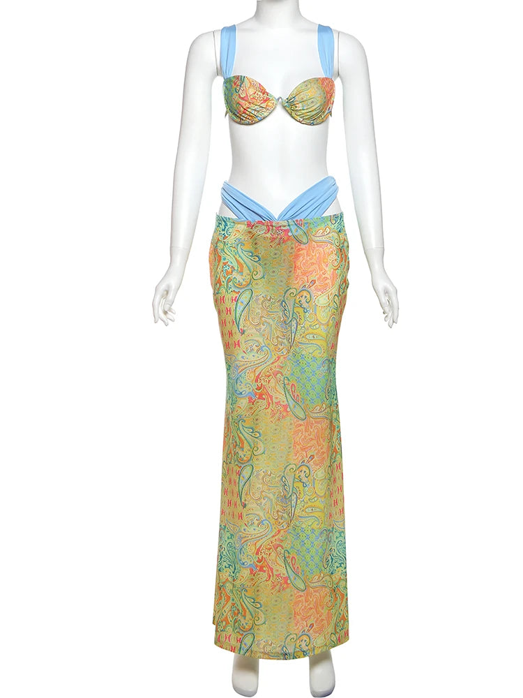 Weird Puss Summer Vacation 2 Piece Set Women Colorful Print Bra Tops+High-Waist Hollow Maxi Skirts Matching Midnight Clubwear