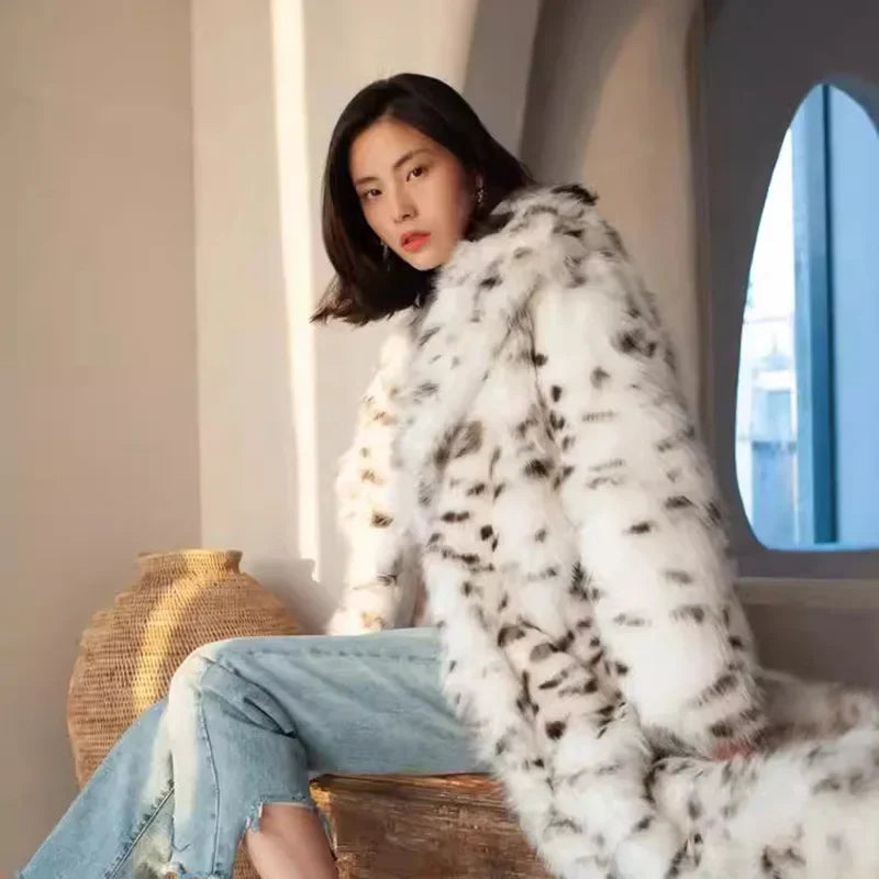 Retro Leopard Faux Fur Long Coats Women Winter Warm Thicken Open Coat Female Casual Loose Elegant Chic Street Outwear