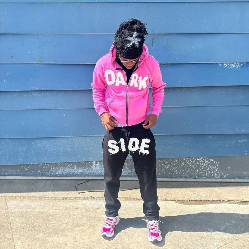 Y2K Hoodie Letter Patch Printed Zippered Hooded Sweatshirt Street Hip-hop Long Sleeved Cardigan Jacket Top Men Women's Clothing