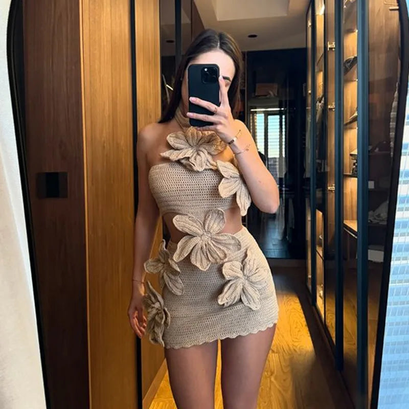Knit 3d Flower Sleeveless Halter Sexy Dress