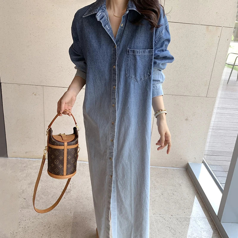 Chic Gradient Ombre Design Loose Long Sleeve Denim Dress