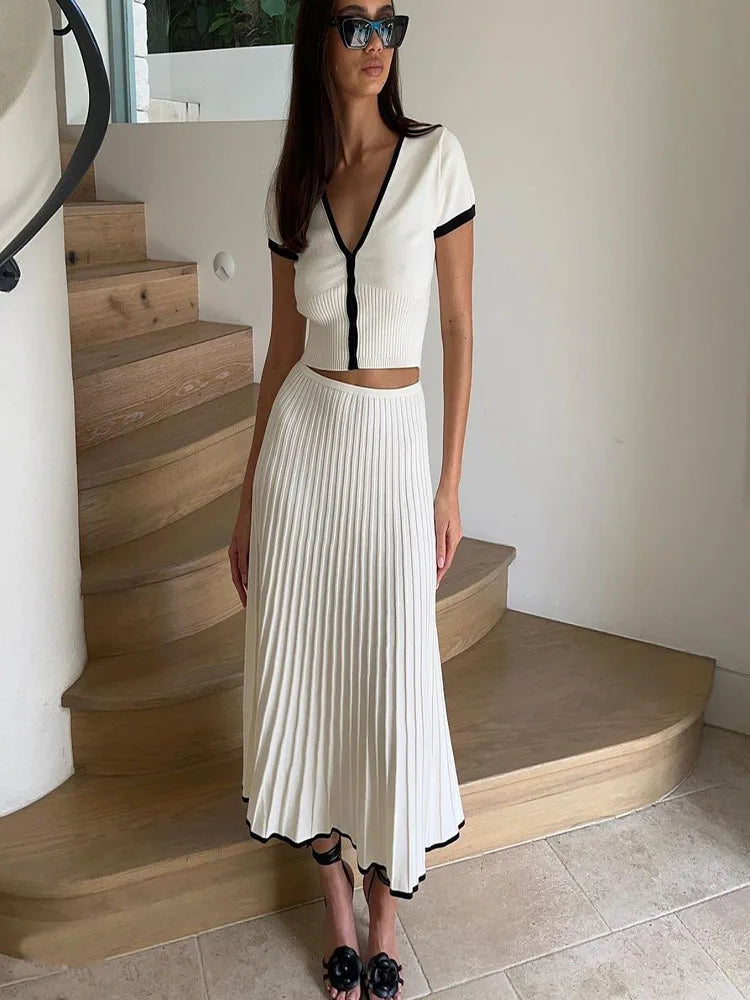 Women White long Skirt Suit Short Sleeve V-neck crop top pleated set