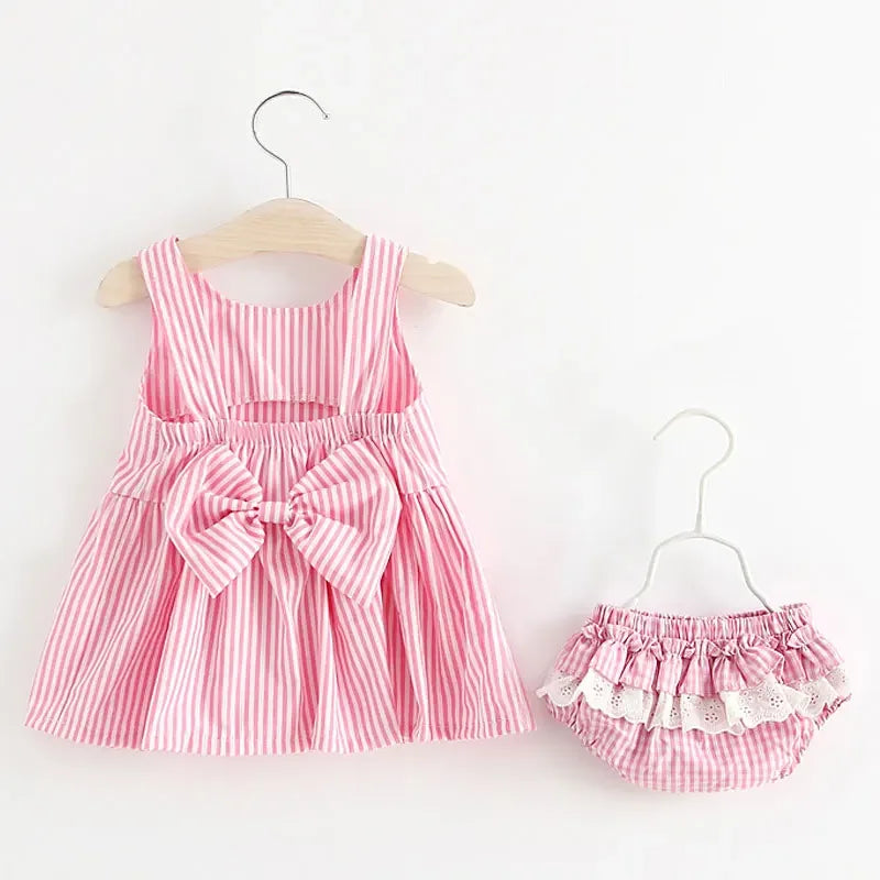 Cute Sleeveless Girl 2Pieces Sets Short Pants+Dress Set Stripe Patten