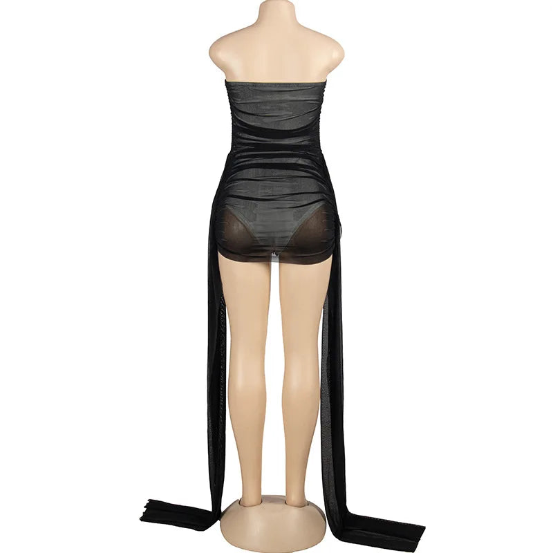 YUZHEXI strapless side ribbons double layered mesh mini dress women party birthday tube robe black white red