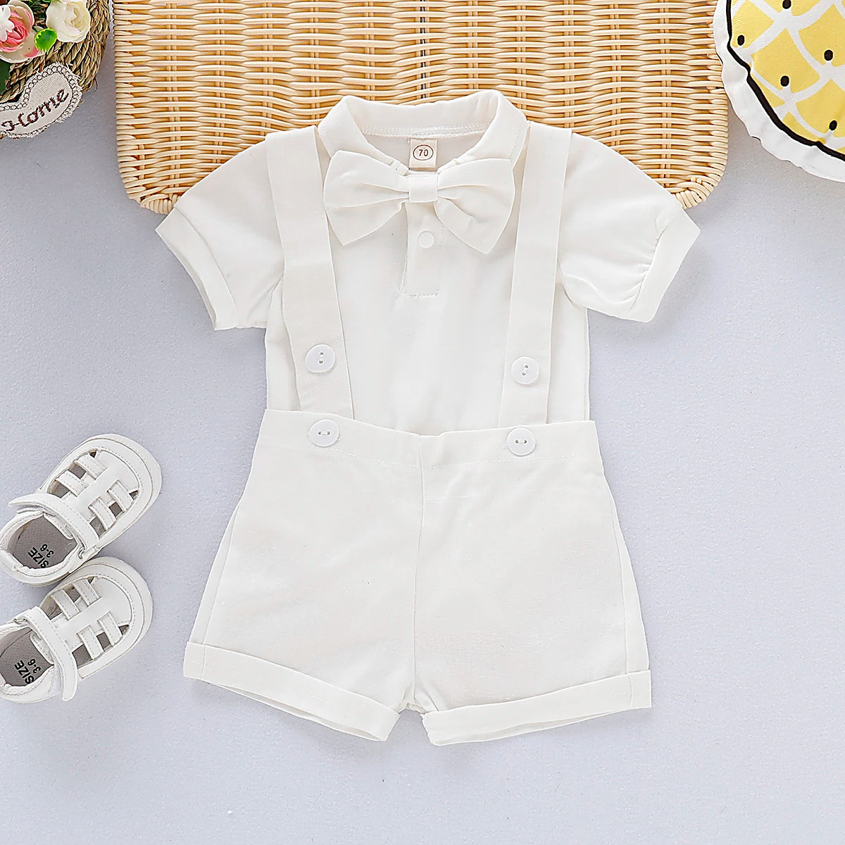 Gentlemen Clothes Set Bowtie Short Sleeve Cotton Romper+Suspender Pant Toddler