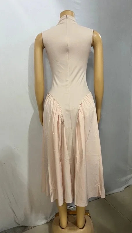 Women Ruched Side Sleeveless Pleated Maxi Dress