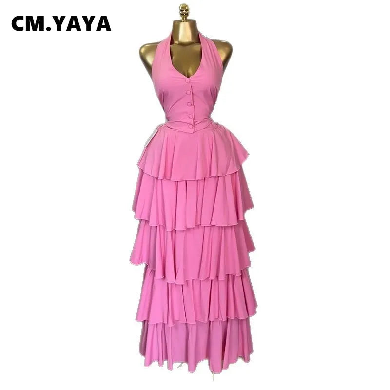 CM.YAYA Women's Dress Set Sleeveless Vest Tops and Pleated Tiered Skirts Suit Elegant Holiday Birthday Two 2 Piece Set Outfits