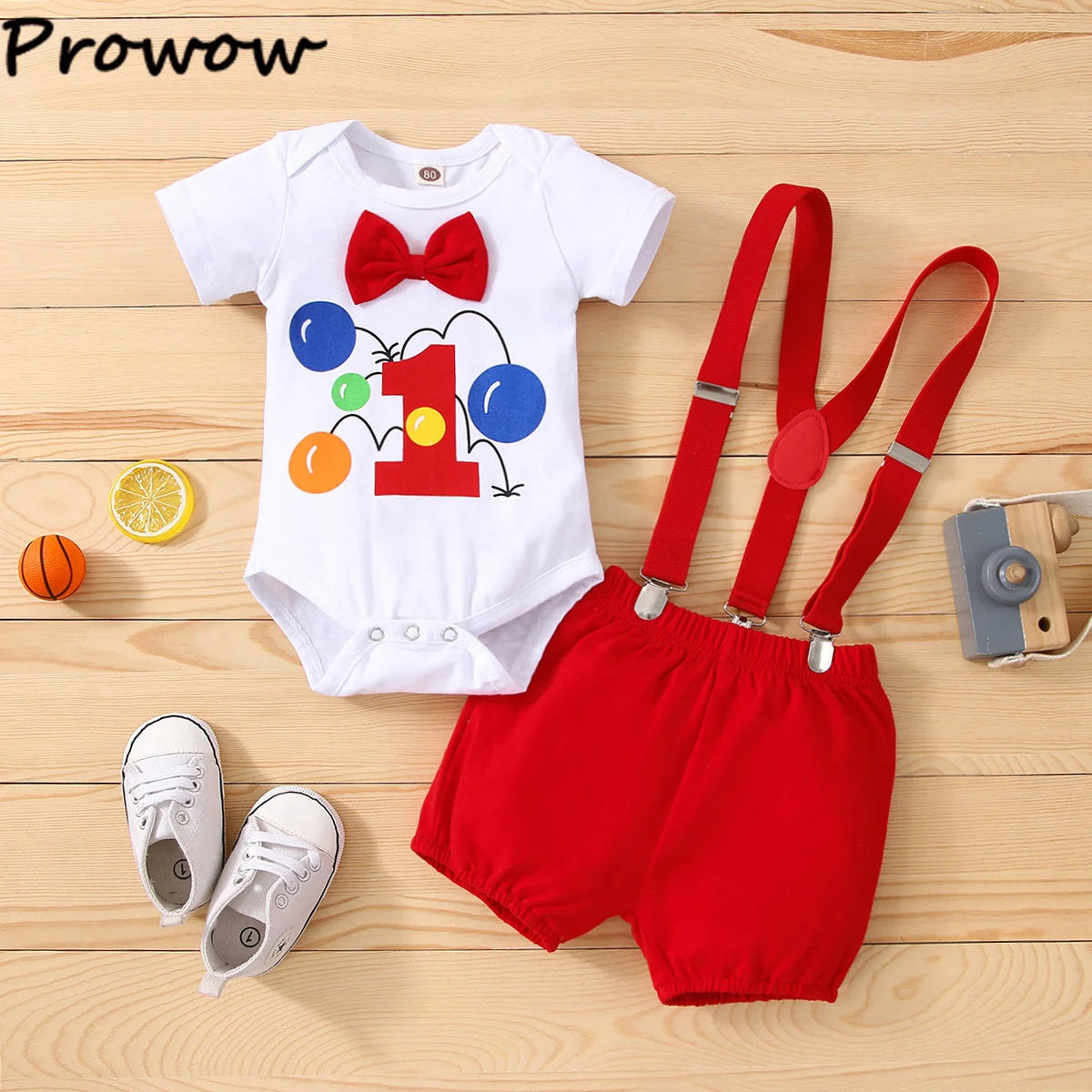 Baby Boys Birthday Outfits Sets Balloon Letter"1" Bodysuit and Y-back Suspender Shorts 1 Year Birthday Baby