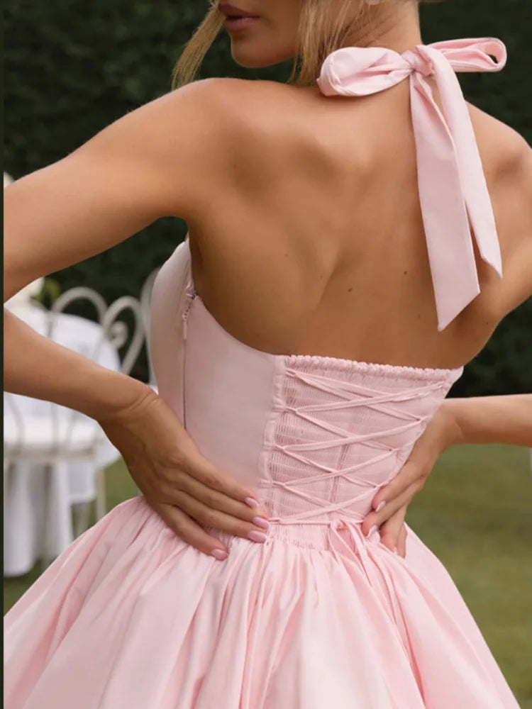 Blush Elegance Lace-Up Puff Hem Mini Dress