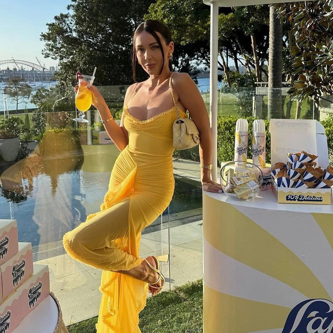 Irregular Ruffle Elegant Mesh Dress Yellow Long Dresses for Women