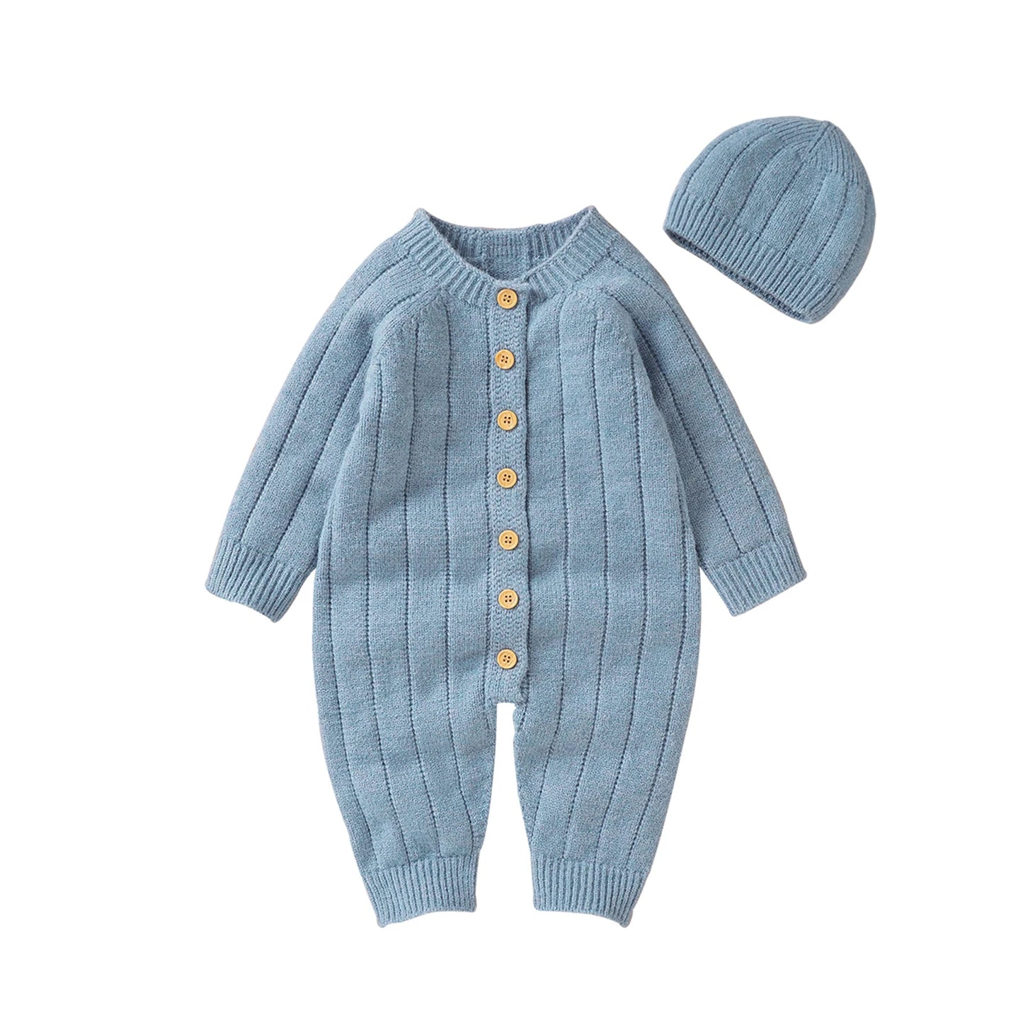 Baby Girls Boys Winter Jumpsuit and Cap Solid Color Long Sleeve Single-breasted Knitted Romper 0-18Months