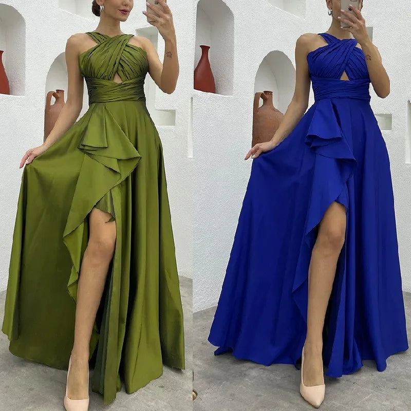 Elegant Fashion Sleeveless High Waist Hollow Out Ruffle Slit Dress