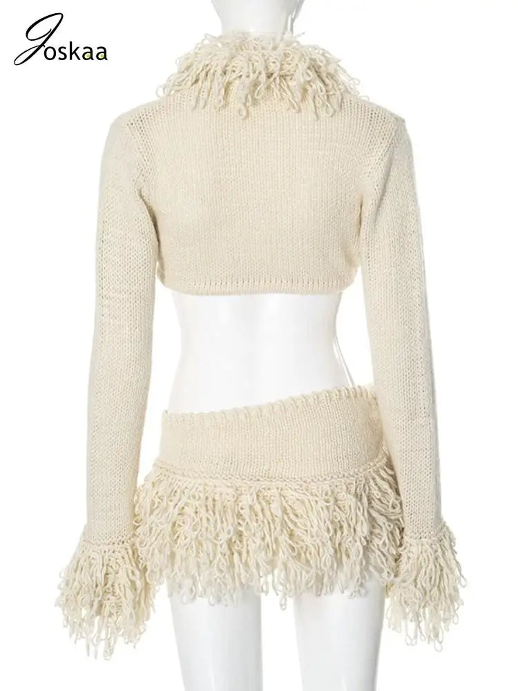 Women Hipster Sexy Long Sleeve Lace-Up Cardigan Tops and Mini Skirts