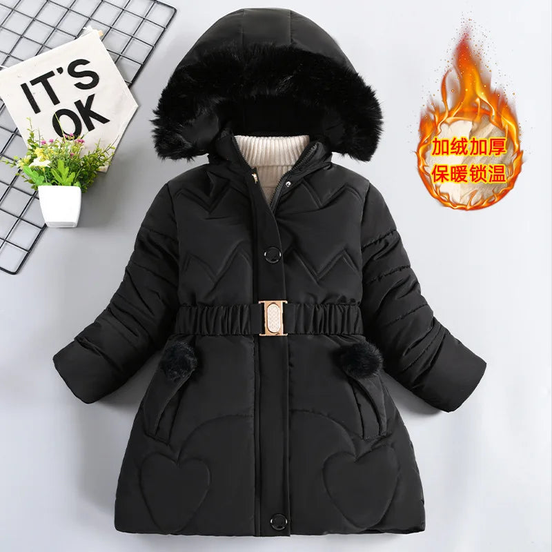 Thick Keep Warm Winter Girls Jacket Detachable Hat Plush Collar Hooded Padded Lining Coat For Kids Children Birthday Present