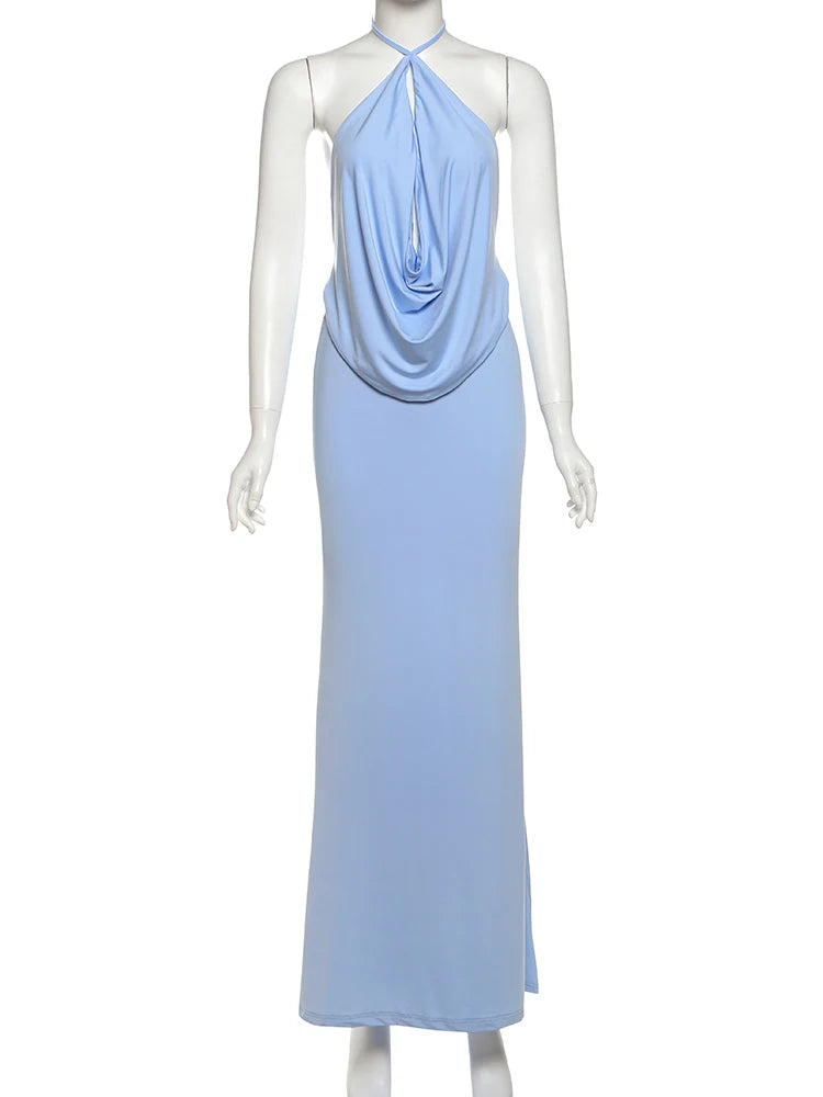 Ocean Muse Backless Halter Maxi Dress