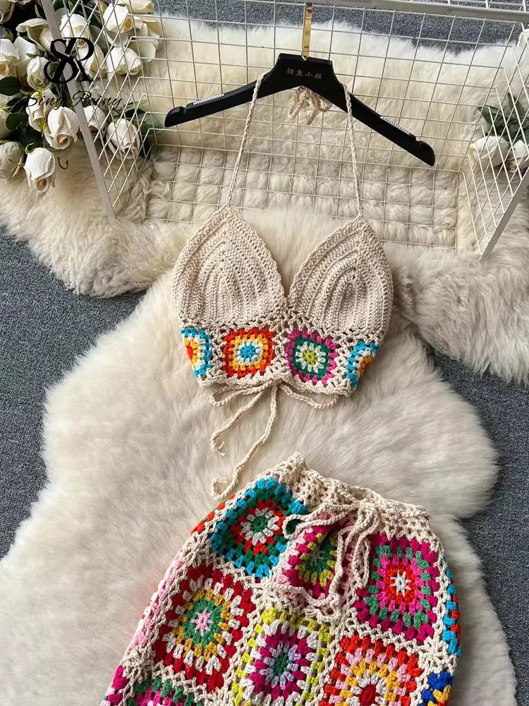 SINGREINY Knitted Beach Two Pieces Suits Women Strap Mini Camis+Elastic Waist Long Pants Set Streetwear Hollow Out Casual Sets