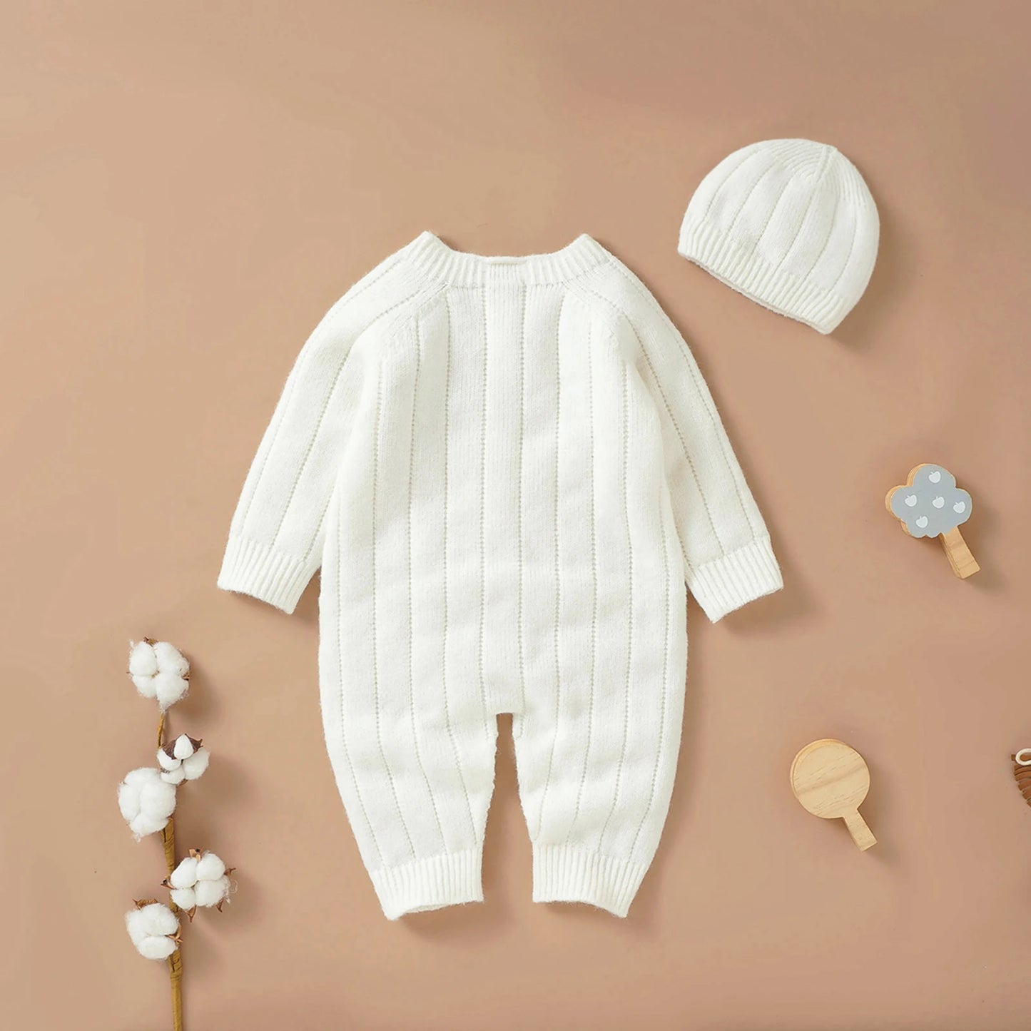 Baby Girls Boys Winter Jumpsuit and Cap Solid Color Long Sleeve Single-breasted Knitted Romper 0-18Months