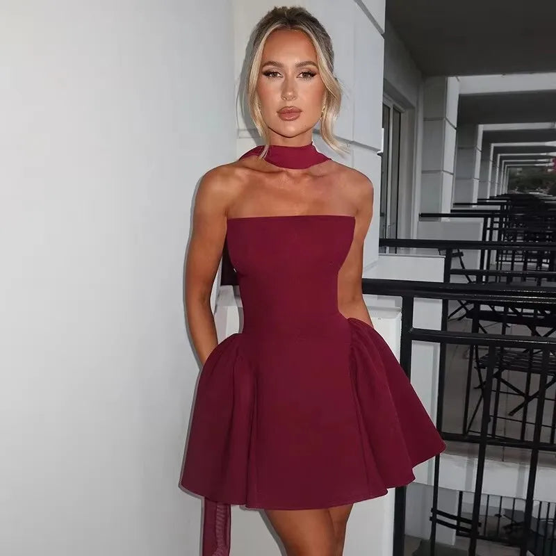 Pleated Dress Women Halter Mini Dress V Neck Backless Dress