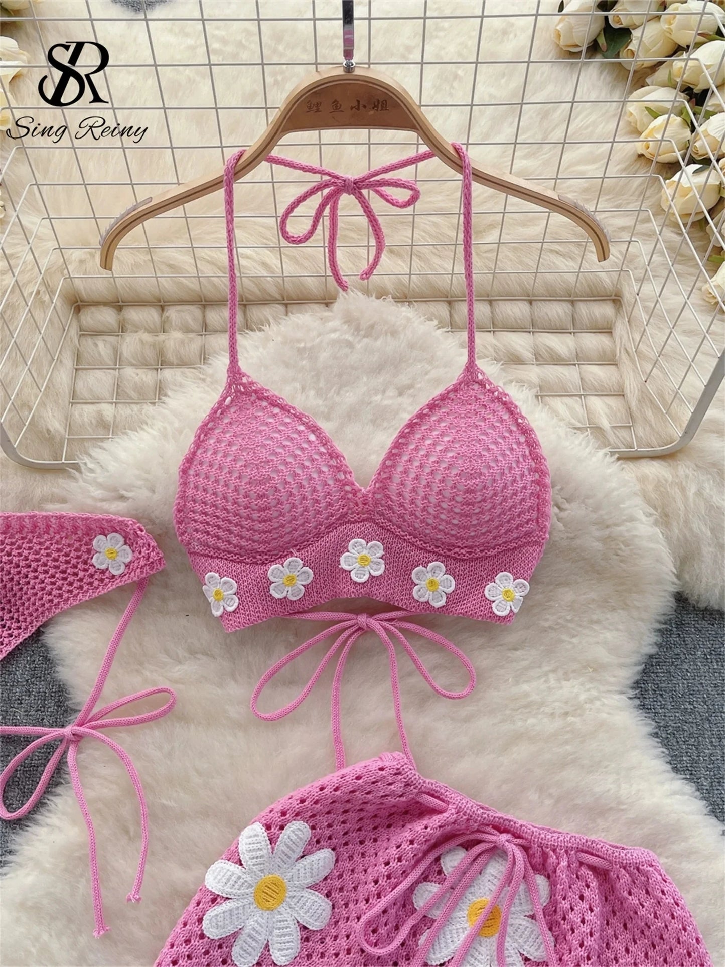 SINGREINY Korean Hollow Out Knitted Suits Women Halter Lace Up Bow Backless Tank Top+Drawstring Split Mini Skirt Two Pieces Sets