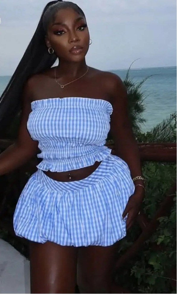 Strapless Crop Tank Top and Mini Puffy Skirt Plaid Two-Piece Set