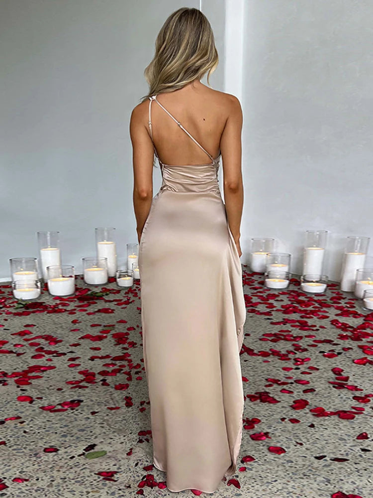 Sexy One Shoulder Satin Long Dress for Women Sleeveless Backless High Split Elegant Dress