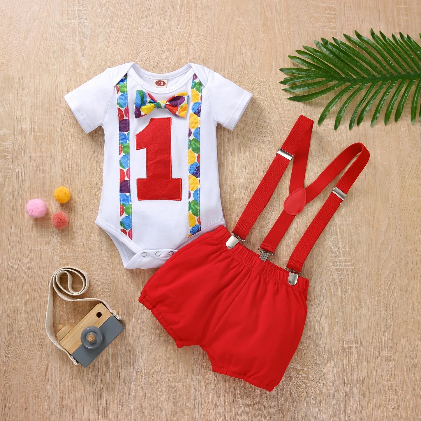 Baby Boys Birthday Outfits Sets Balloon Letter"1" Bodysuit and Y-back Suspender Shorts 1 Year Birthday Baby