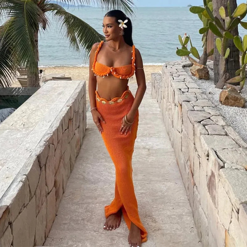 Feminine Chic Twisted Elegance Shell Bra Top & Beach Knit Skirt Co-Ord