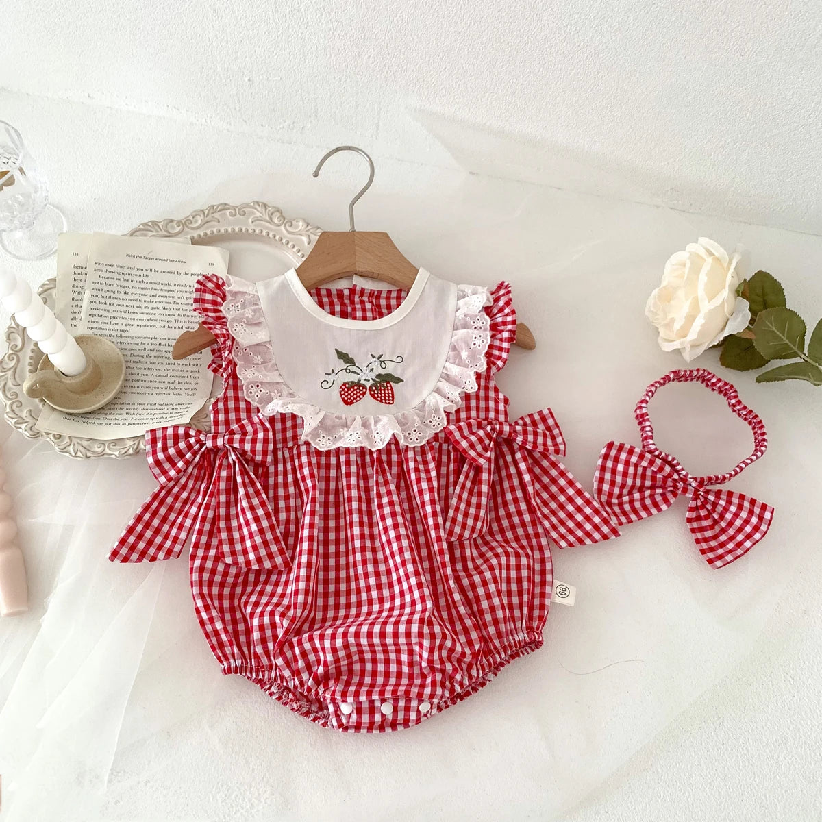Baby Girls Romper+Headband Newborn Red Plaid Strawberry Embroidery Onesies