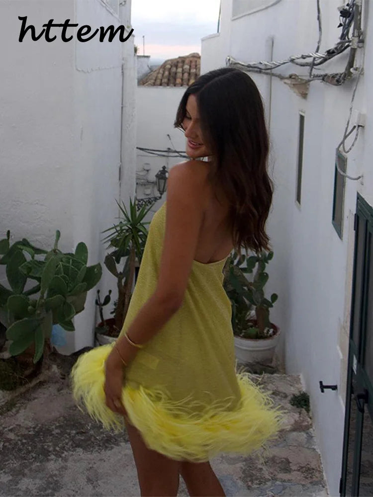Golden Glow & Feather Flow Glitter Halter Mini Dress