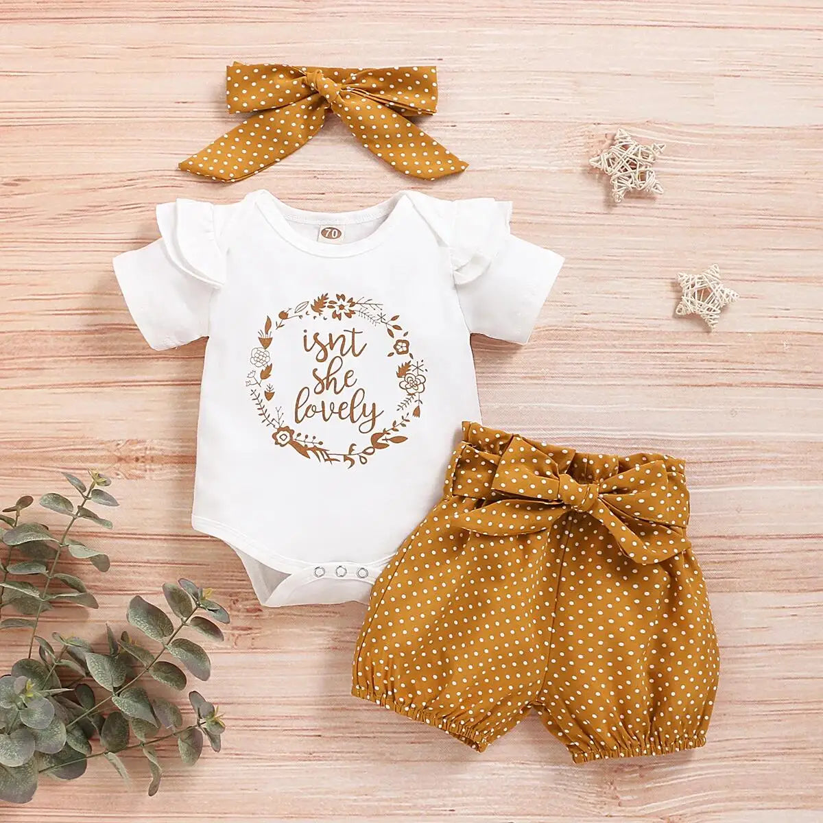 Newborn Baby Girls Clothes Romper Dot Pant with Elastic Waistband Infant Headband with Bow Knot