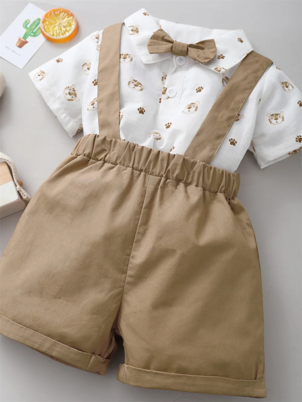 Infant Boy Clothes Set Tiger Print Short Sleeve with Bow+Strap Shorts