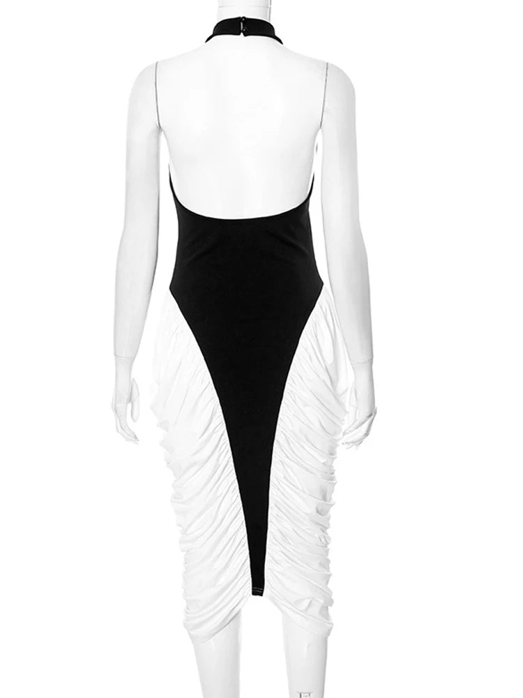 Sculpted Grace Two-Tone Halter Midi Dress