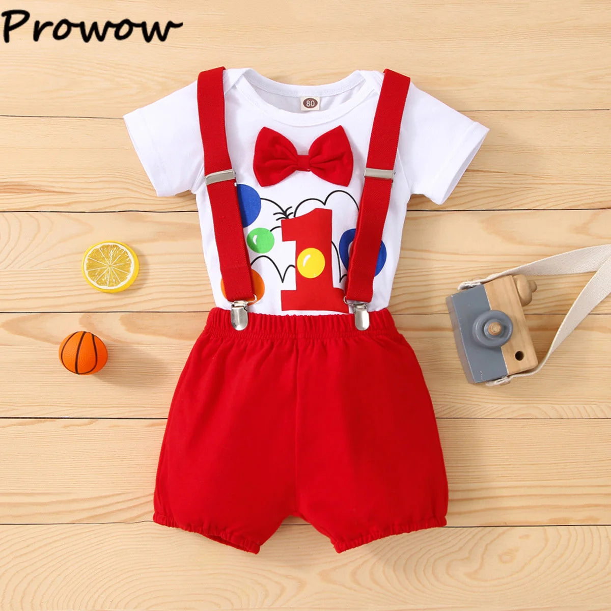 Baby Boys Birthday Outfits Sets Balloon Letter"1" Bodysuit and Y-back Suspender Shorts 1 Year Birthday Baby