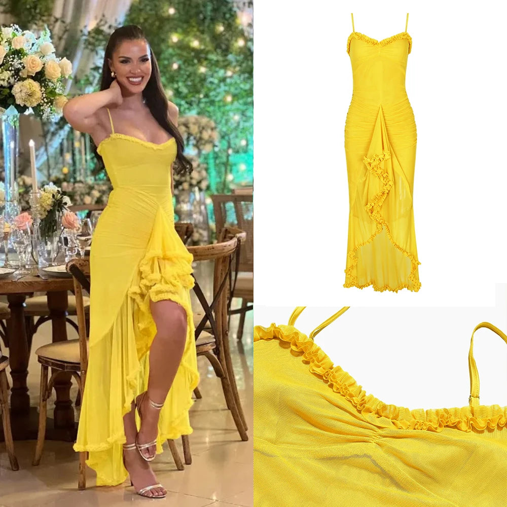 Irregular Ruffle Elegant Mesh Dress Yellow Long Dresses for Women