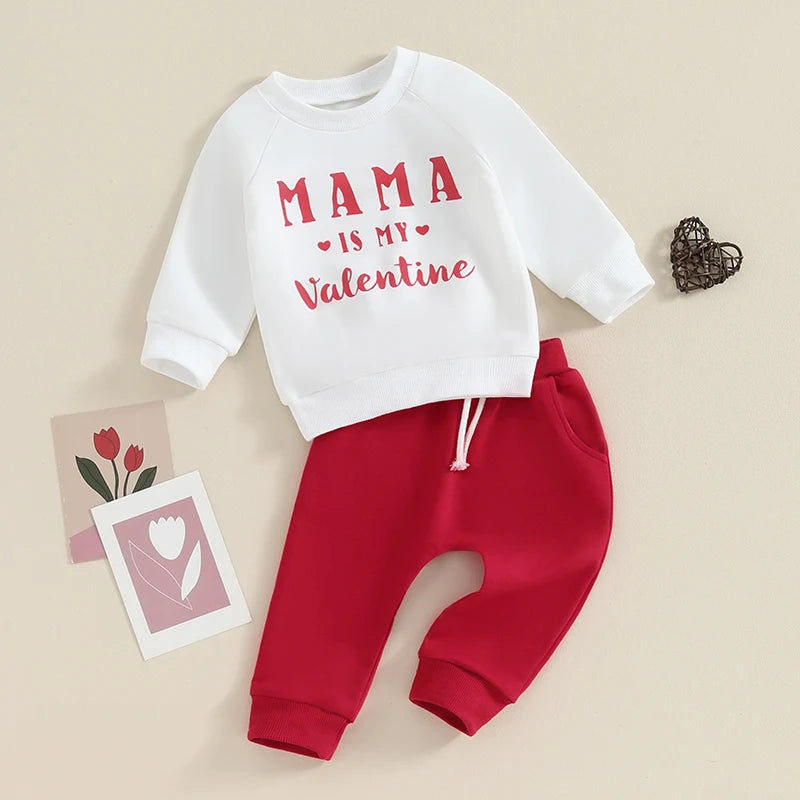 Valentine's Day Infant Baby Boys Pants Set Long Sleeve Letters Print Sweatshirt Elastic Waist Pants Outfit Suit