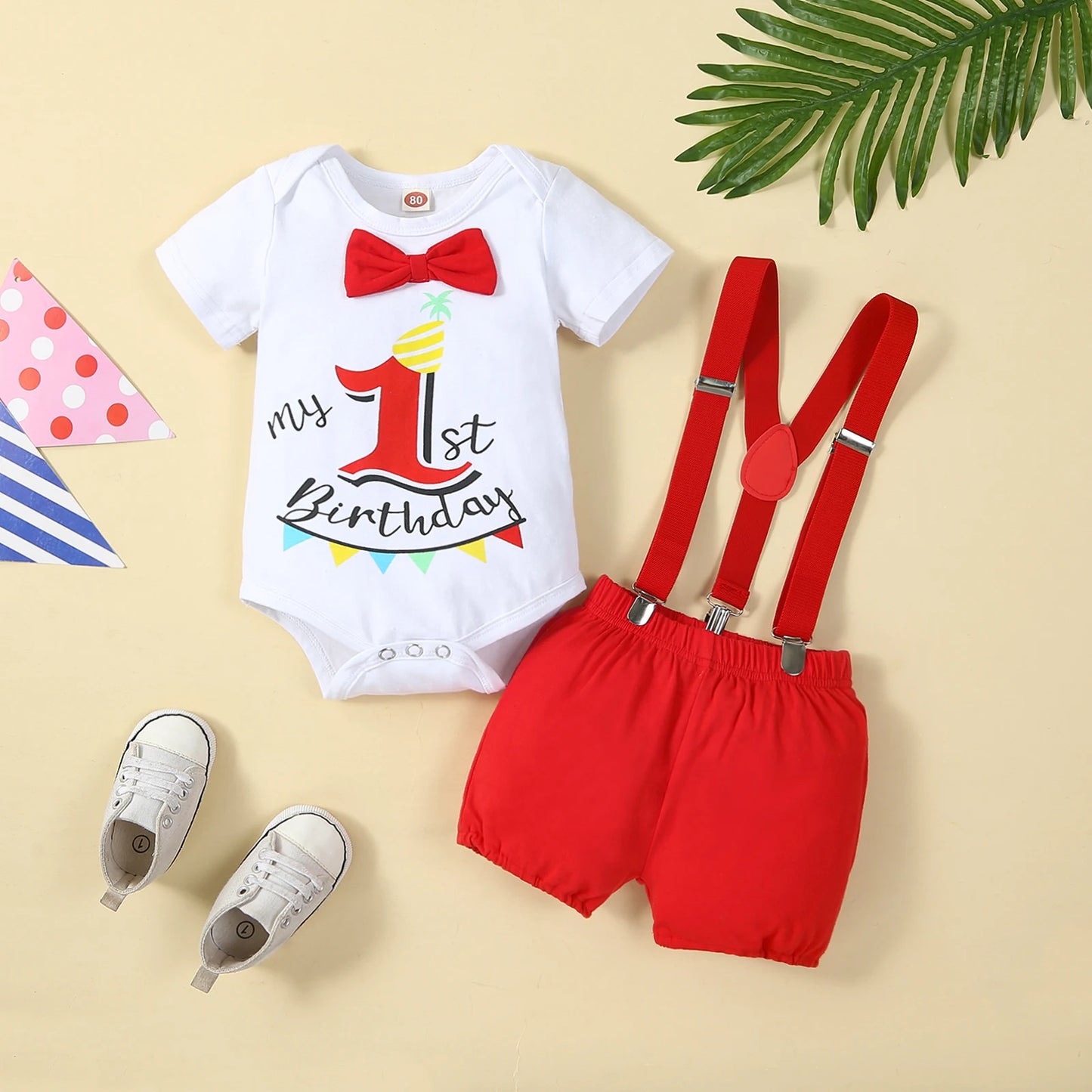 Baby Boys Birthday Outfits Sets Balloon Letter"1" Bodysuit and Y-back Suspender Shorts 1 Year Birthday Baby
