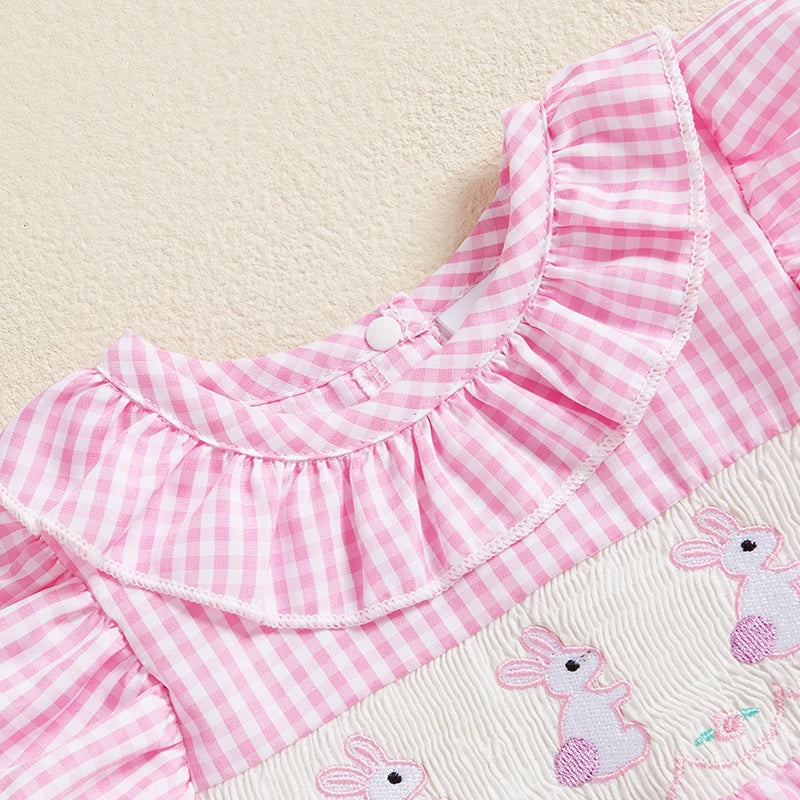 Easter Baby Girl Clothes Short Sleeve Ruffle Collar Bunny Embroidery Jumpsuit Playsuit