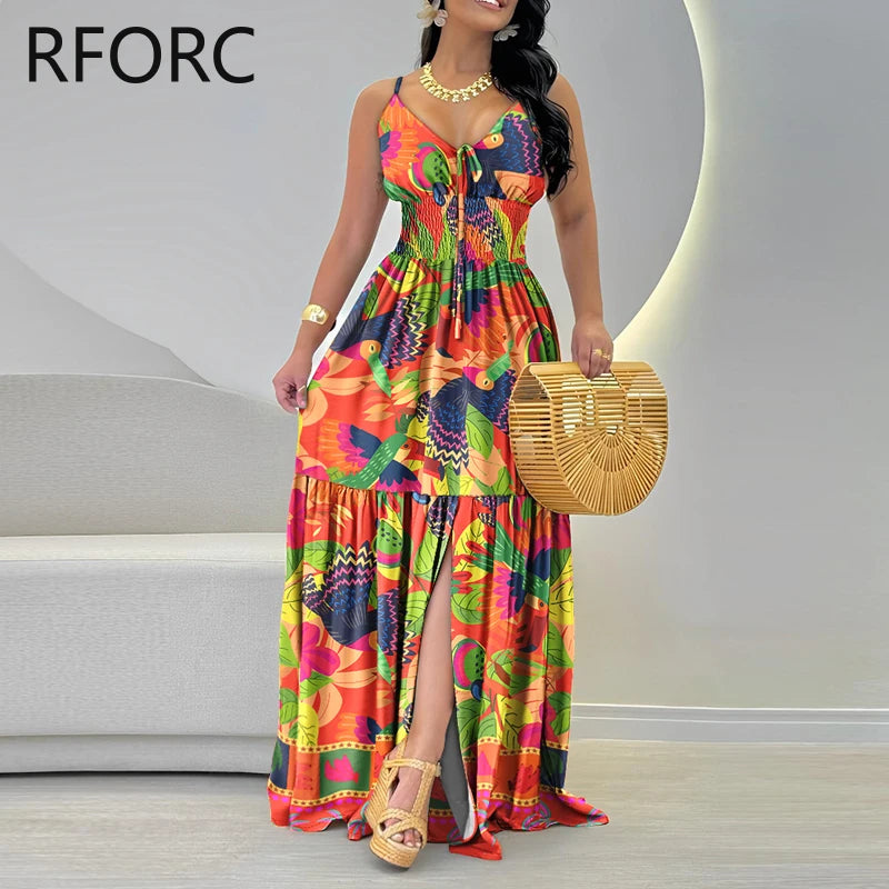 Women Spaghetti Straps Ruffle Hem Silt Maxi Dress