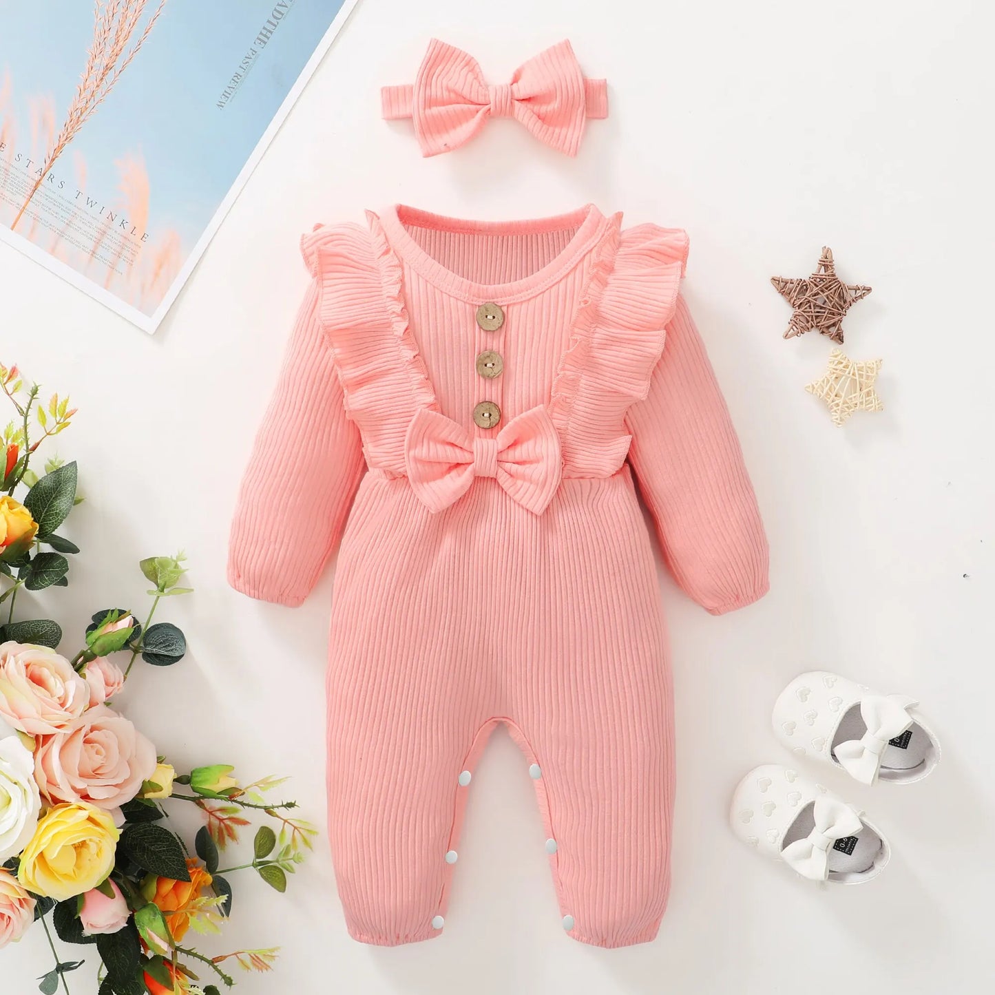 Newborn Baby Girl Romper Long Sleeved Ruffle Bodysuit with Headband Onesie Outfit