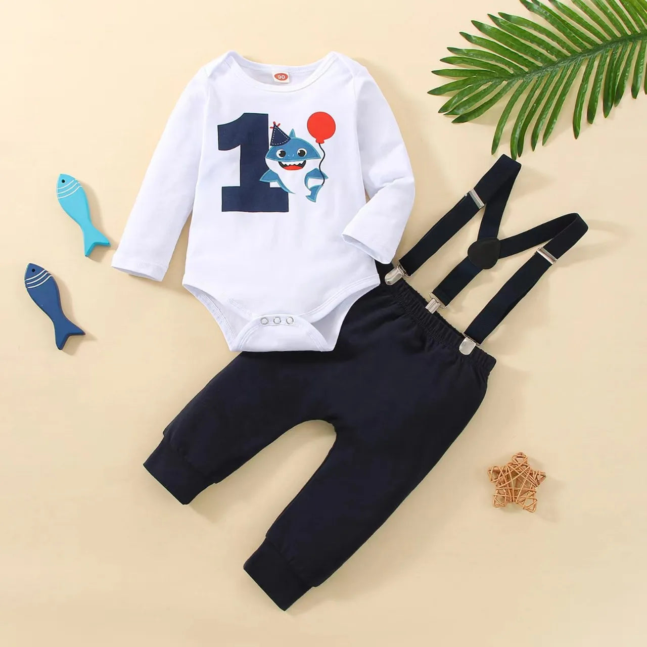 Baby Boys Birthday Outfits Sets Balloon Letter"1" Bodysuit and Y-back Suspender Shorts 1 Year Birthday Baby