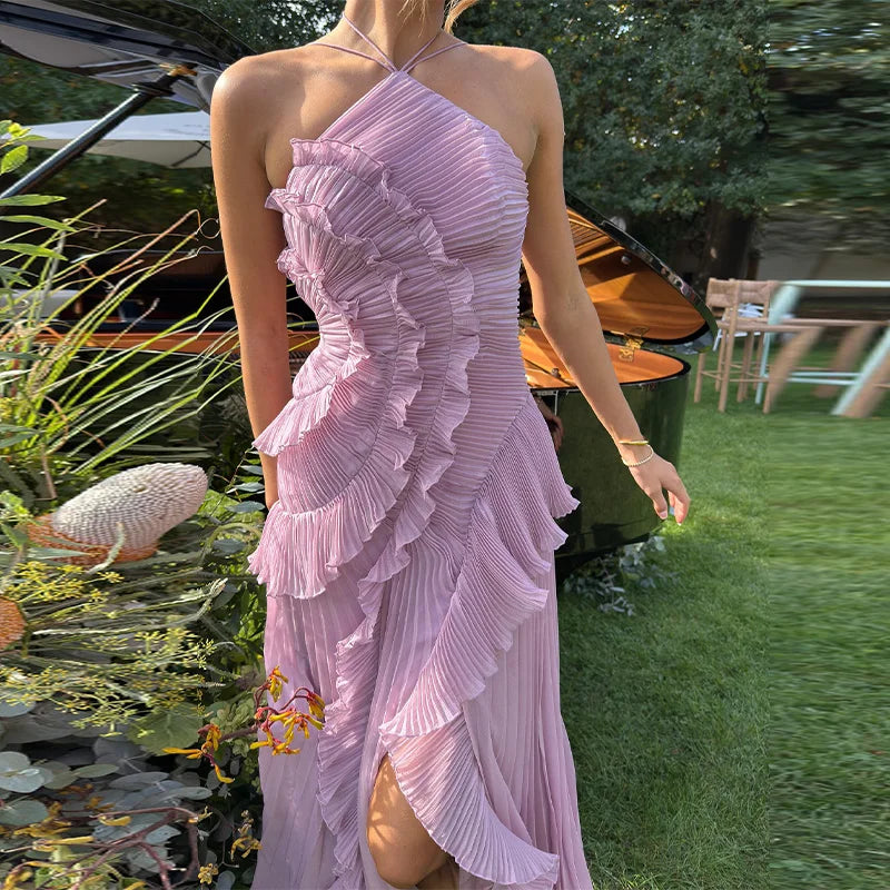 Royal Bloom Halter Tiered Ruffles Backless Party Dress