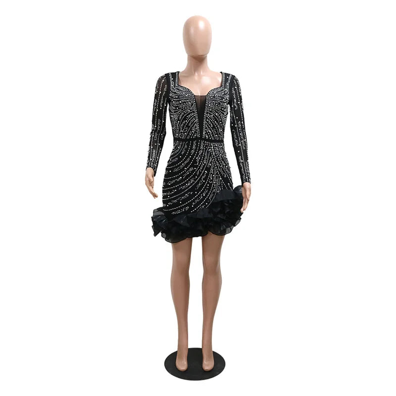 Mesh Sleeve Bodycon pretty Diamonds Birthday Party Dress Tierred Ruffles Rhinestone Pearls Dress Pink